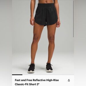 NWOT Lululemon Fast & Free Reflective High-Rise Shorts 3”, Black, 6